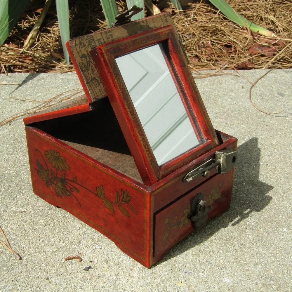 Vintage Chinese Red Lacquer Vanity Jewelry Box with Mirror & Dragon Motif